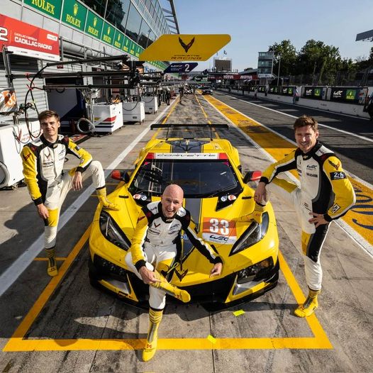 Drivers of the No. 33 Corvette Ben Keating, Nicky Catsburg and Nico Varrone pose with their car as they celebrate their GTE-AM championship at Monza!