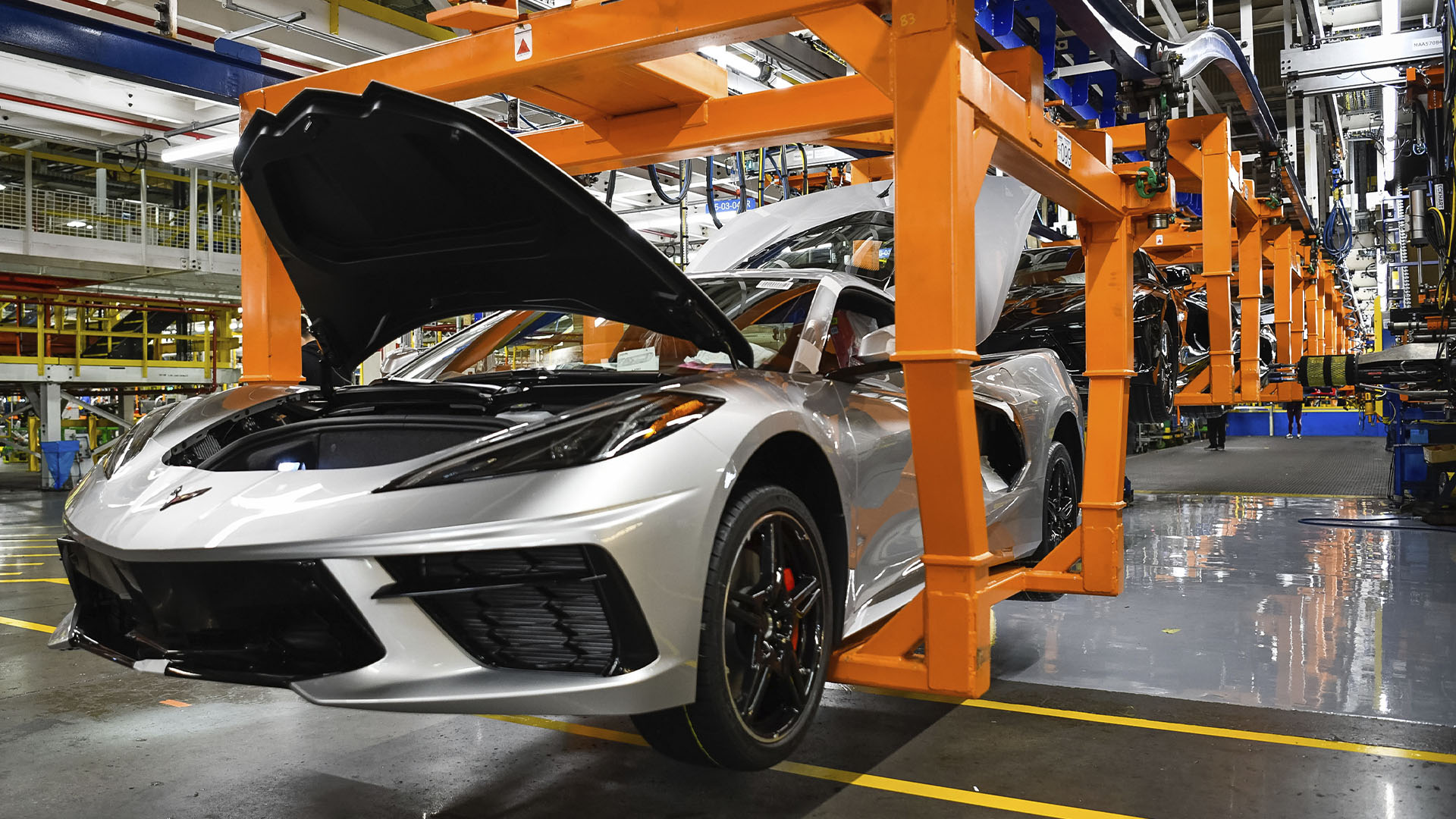 C8 Corvette in an assembly line