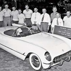 The first production Corvette rolls off the assembly line in Michigan on June 30, 1953. (Image courtesy of GM Media.)