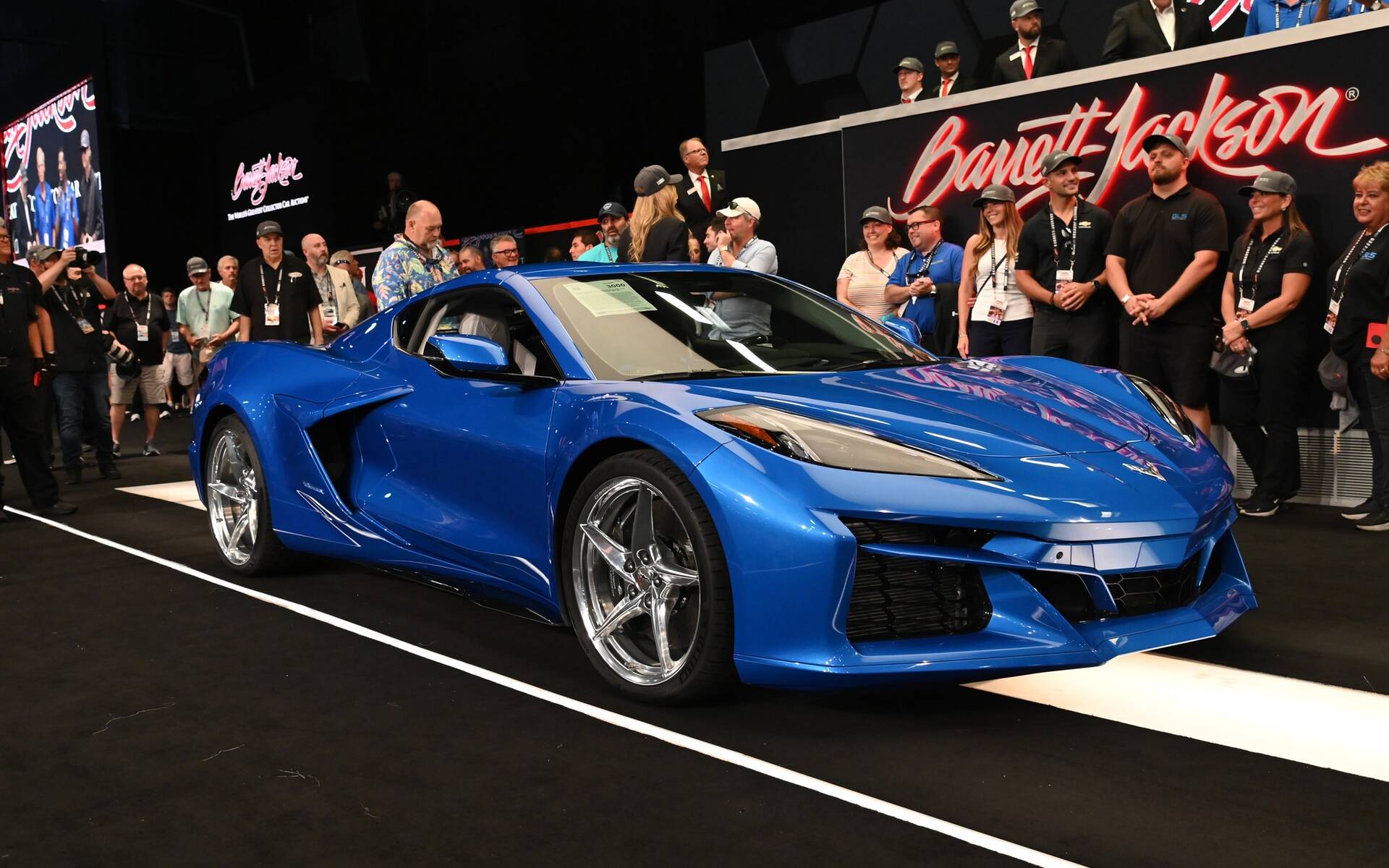 The very first 2024 Chevrolet Corvette E-Ray (VIN 001) sold for $1.1 million USD at the Barrett-Jackson auction in Palm Beach, Florida in April 2023.