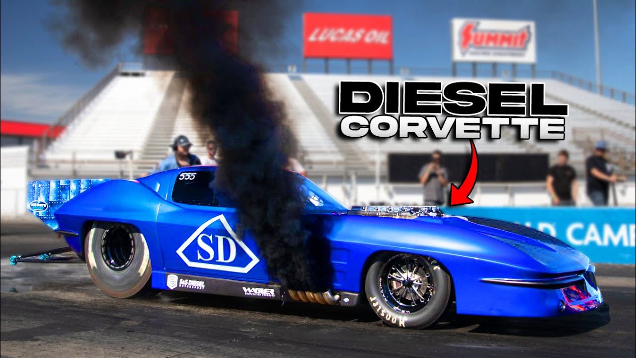 1963 blue Diesel Corvette with Billet Cummins engine on a drag strip