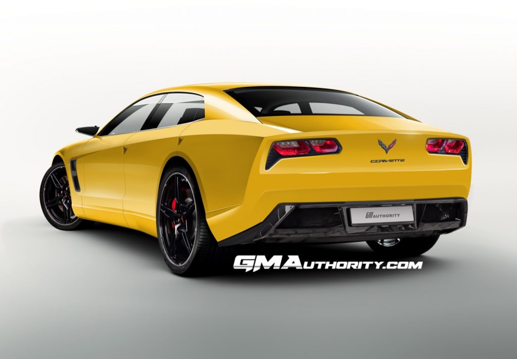 This early rendering of an all-electric Corvette sedan featurs styling cues fom both the C7 and C8 models, suggesting that GM is incorporating classic design cues into its latest Corvette offering. Concensus is that GM is targeting younger consumers with an all-electic powertrain but hopes to appeal to long time Corvette owners by incorporating these "classic" design motifs into the car. (Image courtesy of GM Authority.)