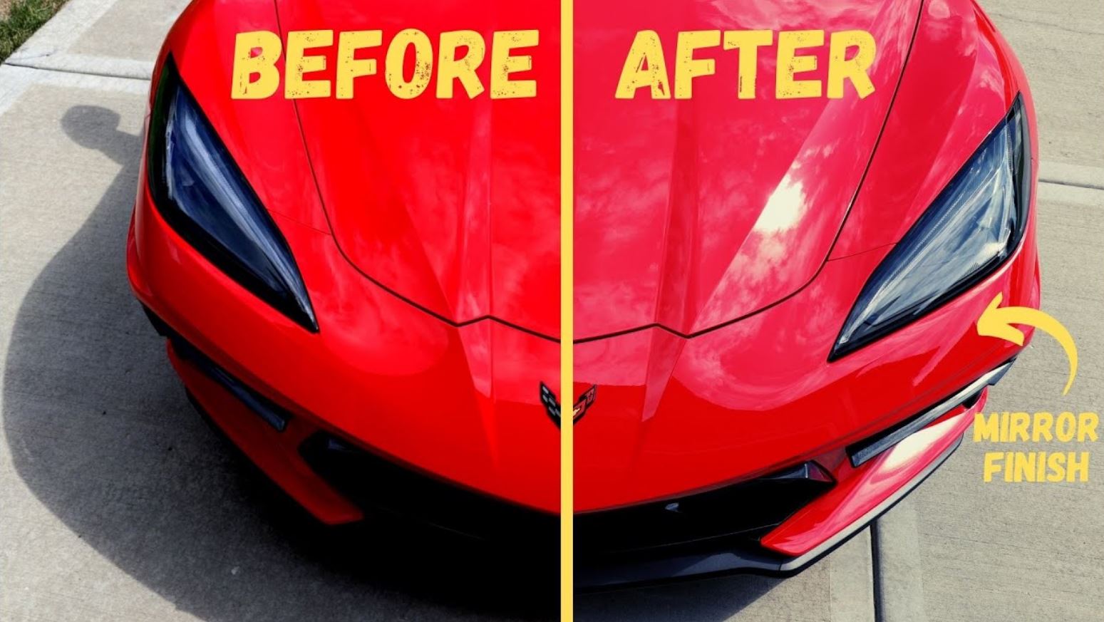 Before and after ceramic coating on corvette hood