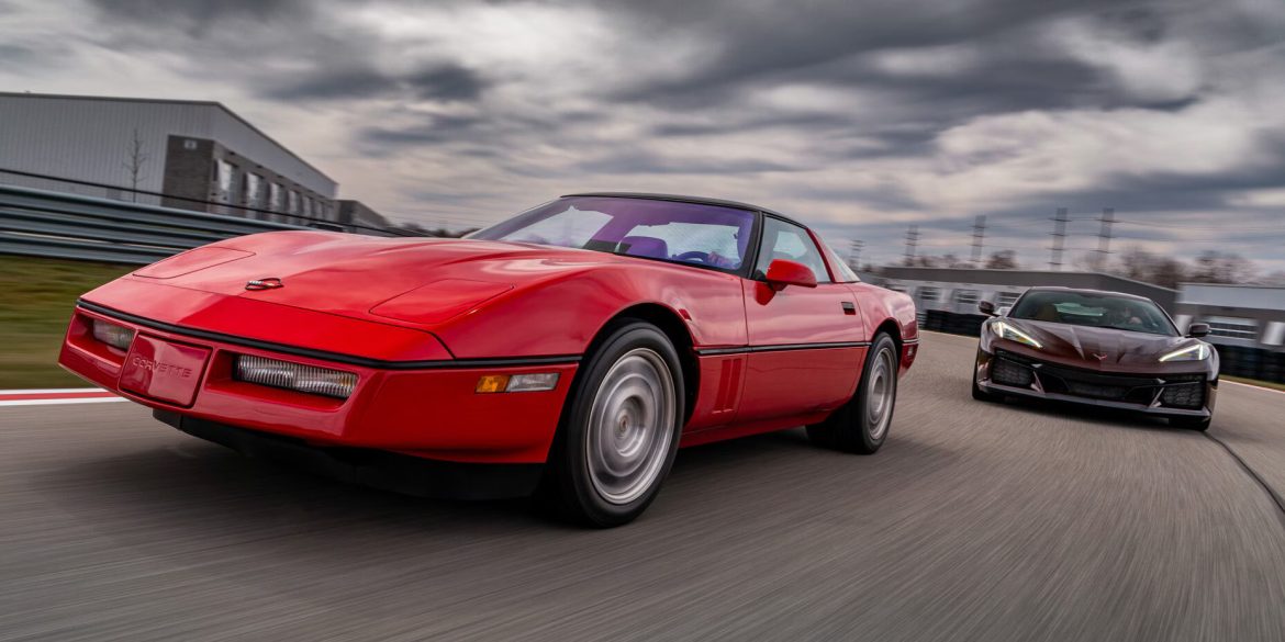 1990 C4 ZR-1 and 2023 C8 Z06 in motion