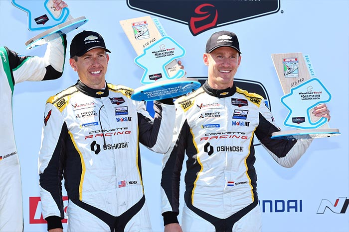 Tommy Milner (left) and Nicky Catsburg finished third on Sunday at the Motul Corse de Monterey at WeatherTech Raceway Laguna Seca.