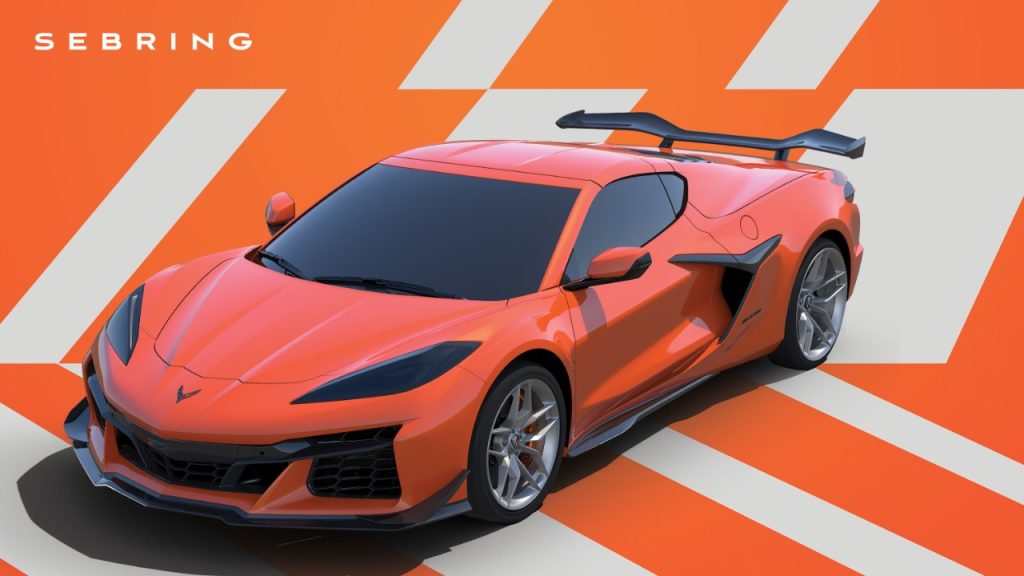 Image of a 2025 Corvette Z06 in Sebring Orange Tintcoat Metallic with 10-spoke wheels in Pearl Nickel. (Image courtesy of GM Media.)