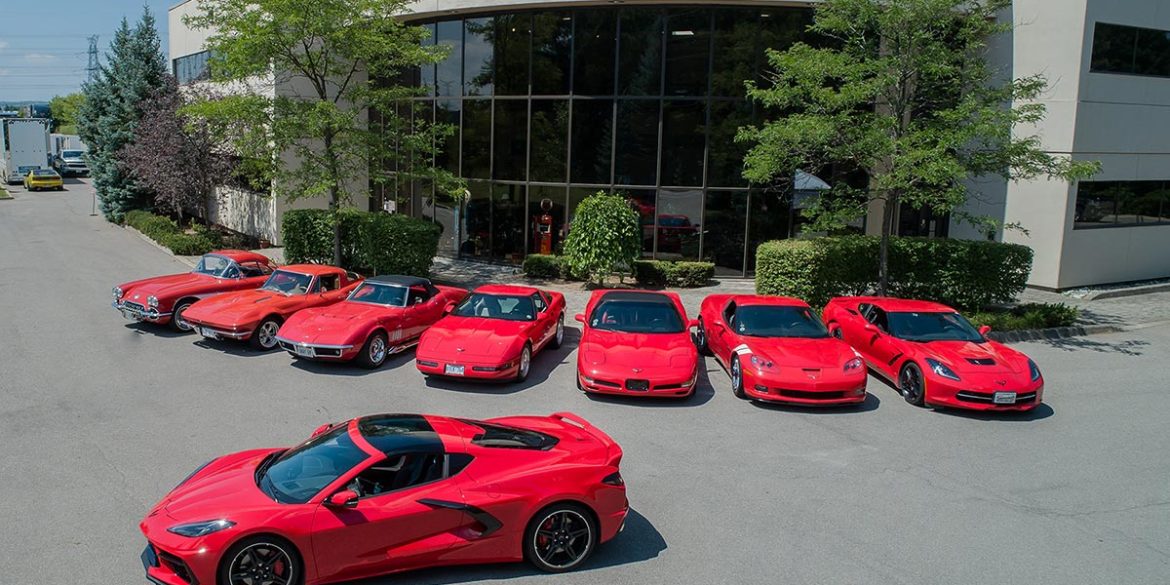 Image showing all the Corvette generation models painted in red.