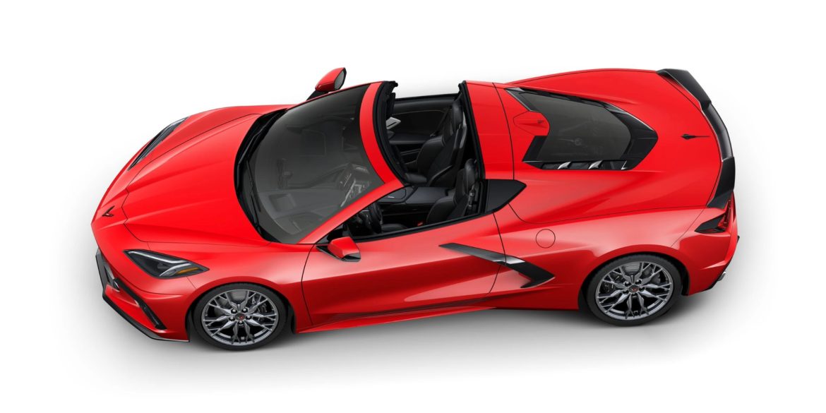 Aerial view of a 2024 red Chevrolet Corvette C8