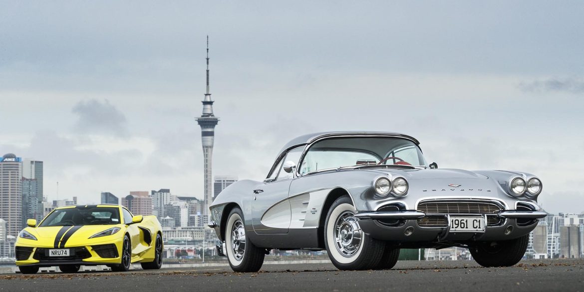 1961 Chevrolet Corvette and 2022 C8 Corvette side by side.