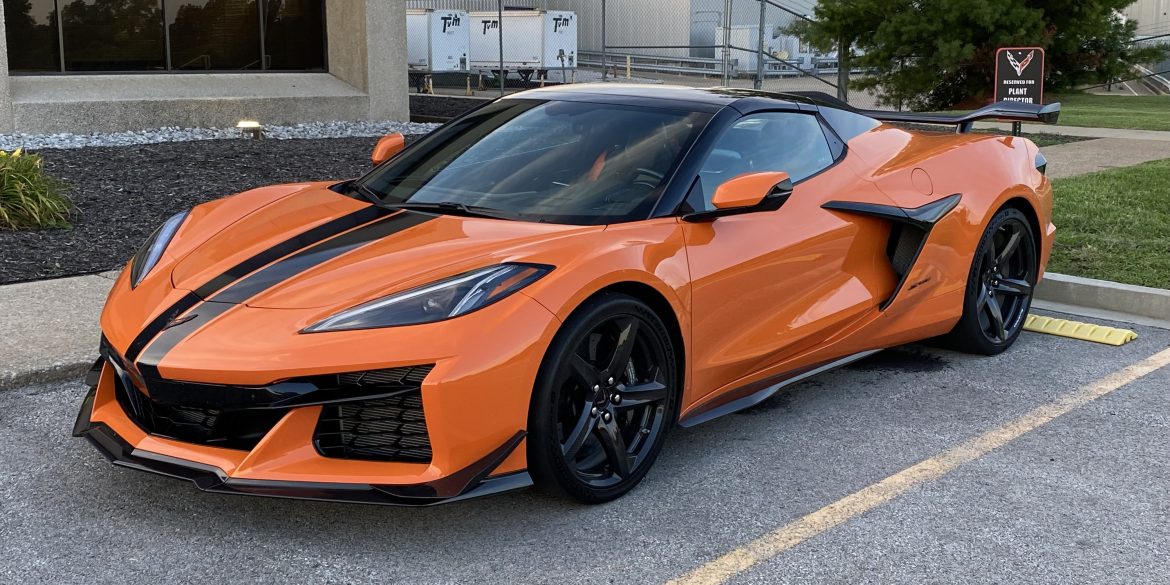 Pre-production 2023 Corvette Z06 in the parking lot of the Corvette Assembly Plant in Bowling Green, Kentucky. Shortly after taking this picture, we discovered that the car's driver was noneother than Kai Spande! (Image courtesy of the author)