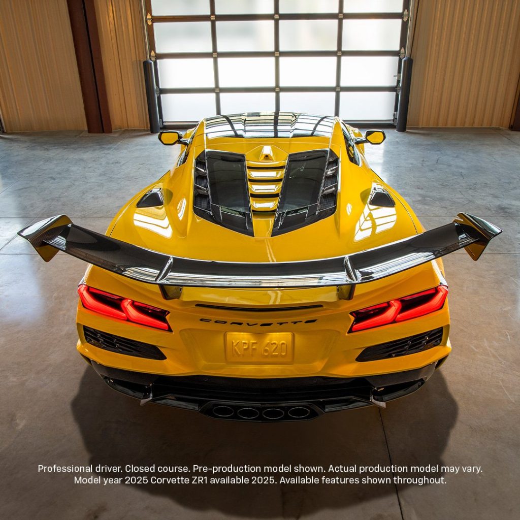 The 2025 Corvette ZR1 features a split-window architecture.  This is the first time since 1963 that Chevrolet has incorporated a split window into a factory-built Corvette. (Image courtesy of GM Media.)