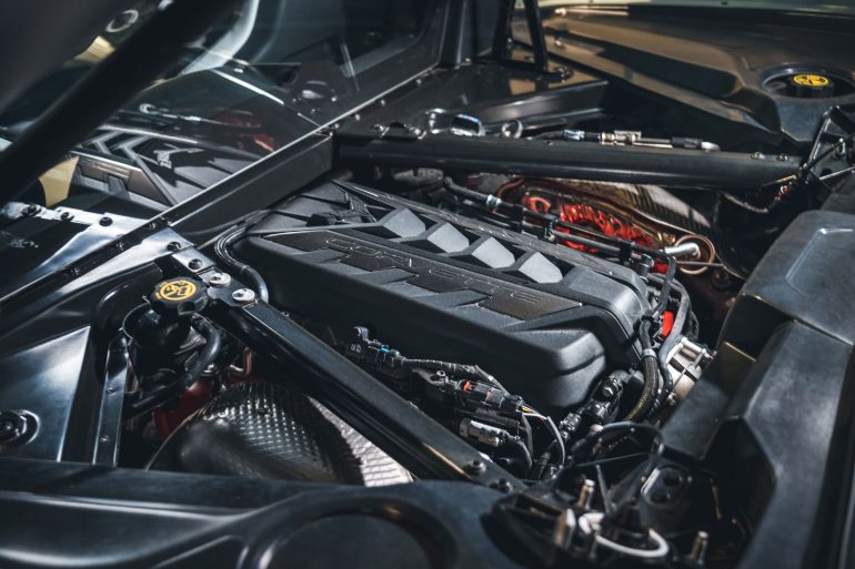 Engine bay of a Corvette E-Ray