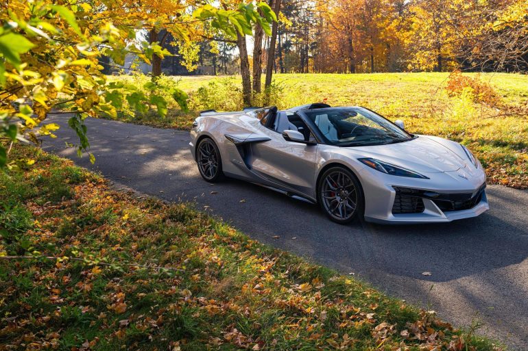 3/4 side view of a 2024 silver C8 Corvette Z06