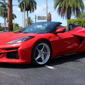 Three-quarter front view of a 2024 Corvette E-Ray convertible