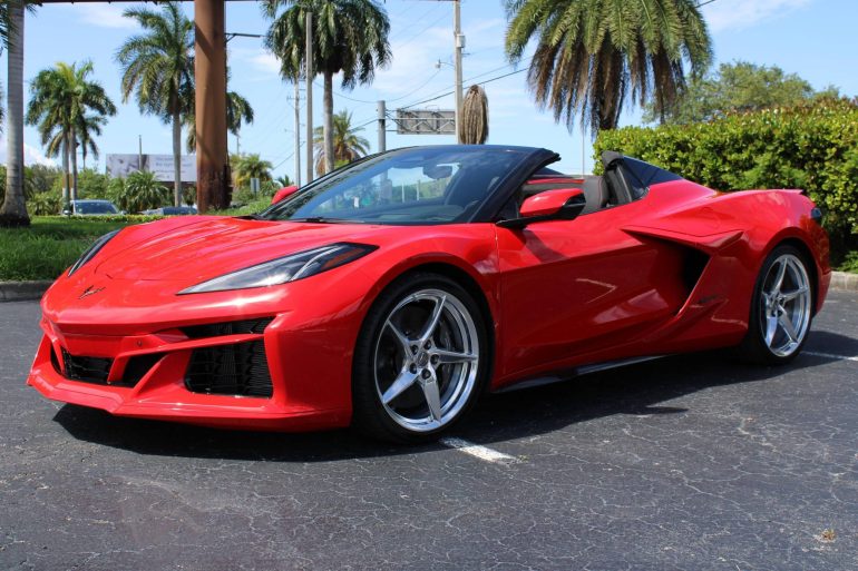 Three-quarter front view of a 2024 Corvette E-Ray convertible